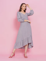 Chambray side tie up assymetrical dress with pinched sleeves-Dresses-Fabnest