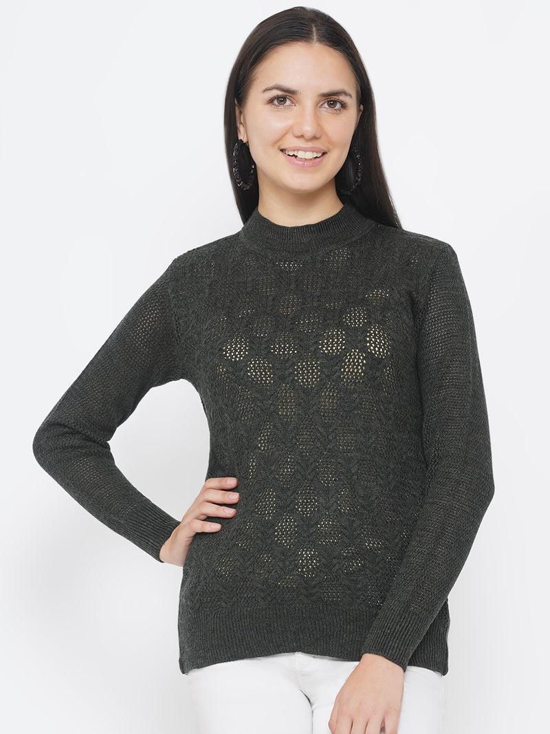 Women`s Acrylic Dark Green Self Design Winter Sweater-Pullover-Fabnest