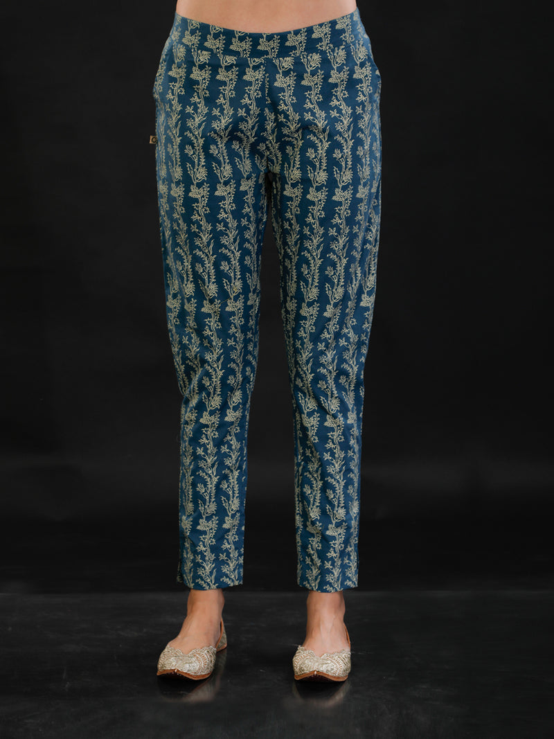 Dull Blue Bel Discharge Print Straight Pants Only-Pant-Fabnest