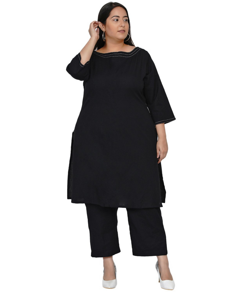 Curve black cotton flex A line kurta with contrast top stitch at neck and sleeve with lace at back inverted pleat-Kurta-Fabnest