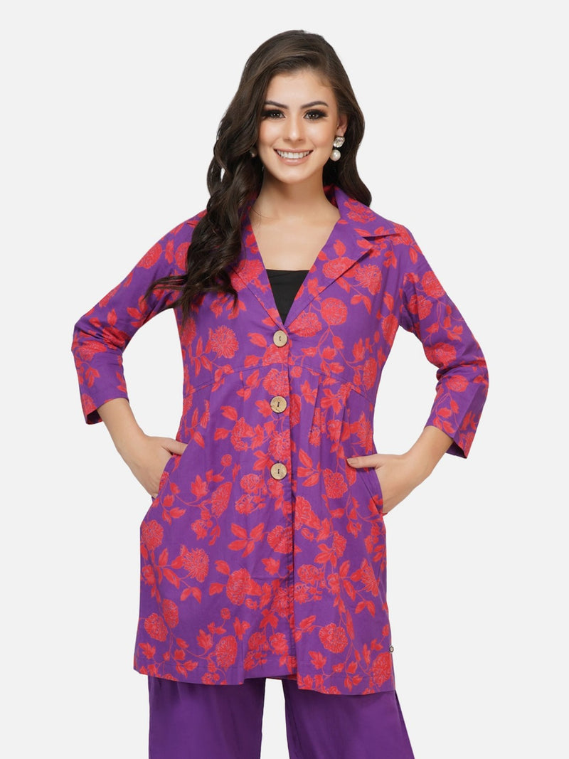Cotton purple printed jacket style tunic-Tunic-Fabnest