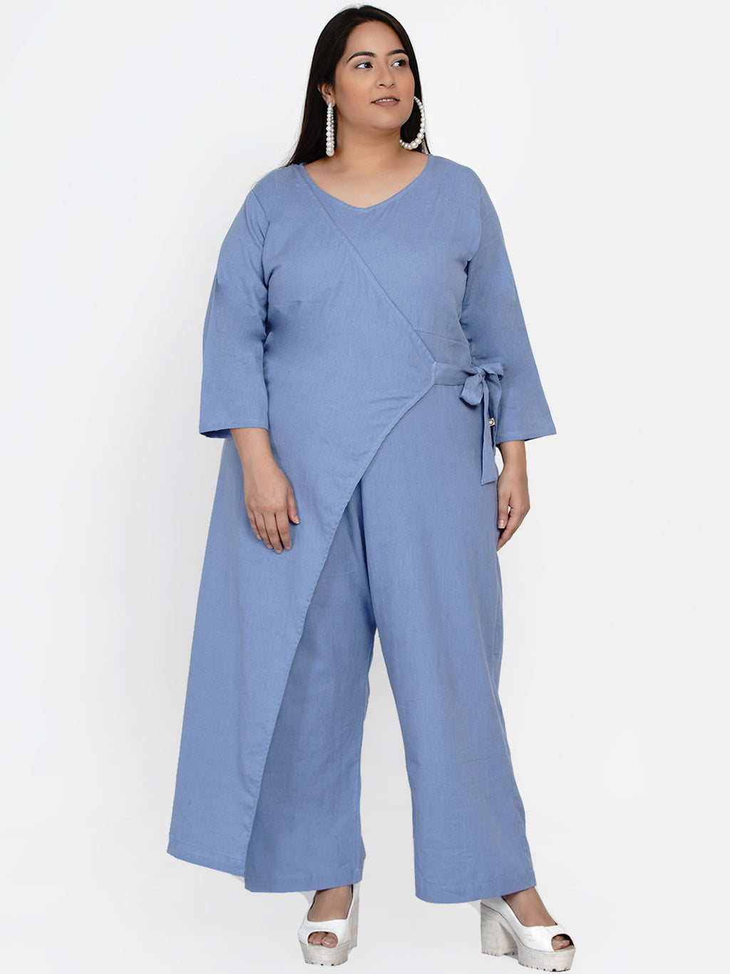 Curve cotton flex blue jumpsuit with an overlap panel and tie up-Jumpsuit-Fabnest