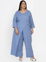 Curve cotton flex blue jumpsuit with an overlap panel and tie up-Jumpsuit-Fabnest