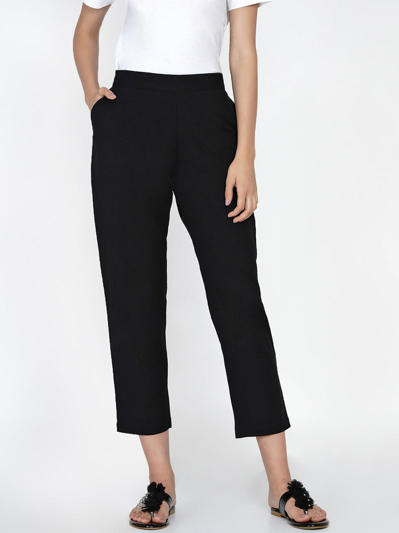 Black cotton flex straight pants-Trousers-Fabnest