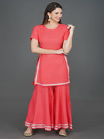 Pink kurta sharara set with lace embellishment-Kurta Set-Fabnest