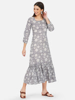 Hand block grey dress with a square neck and gathered tier-Dresses-Fabnest