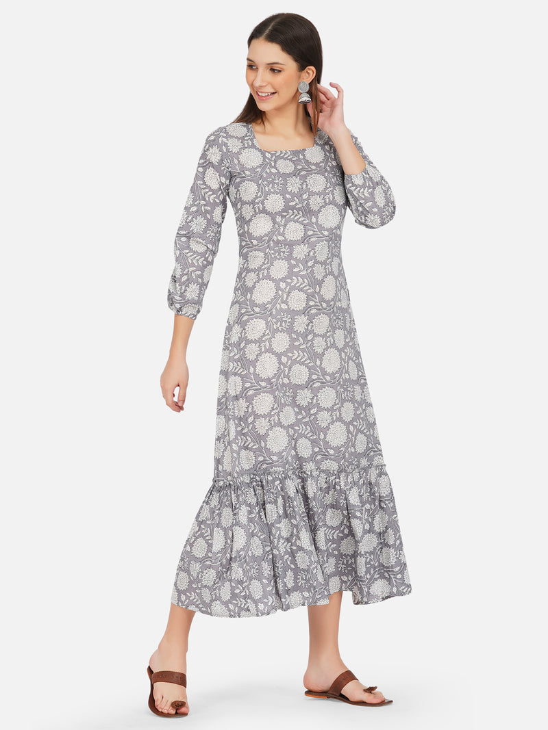 Hand block grey dress with a square neck and gathered tier-Dresses-Fabnest