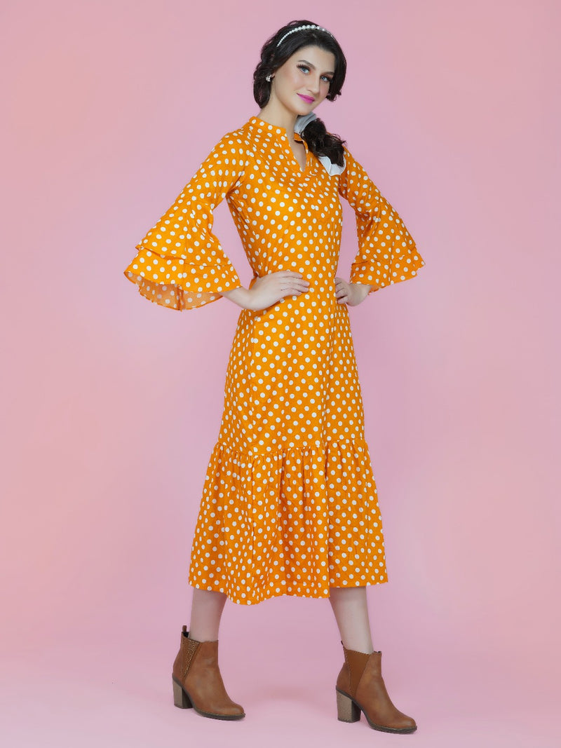 Yellow and white polka dot long dress-Dresses-Fabnest