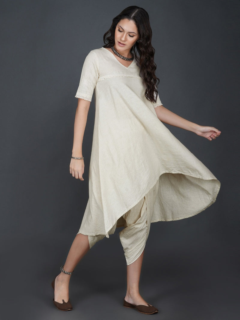Set of off white cotton flex assymetric hem flared kurta with lace work and gathered dhoti pants-Kurta Set-Fabnest