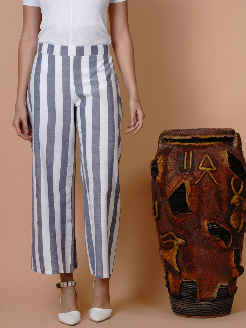 Fabnest White and blue stripe loose fit pant-Bottoms-Fabnest