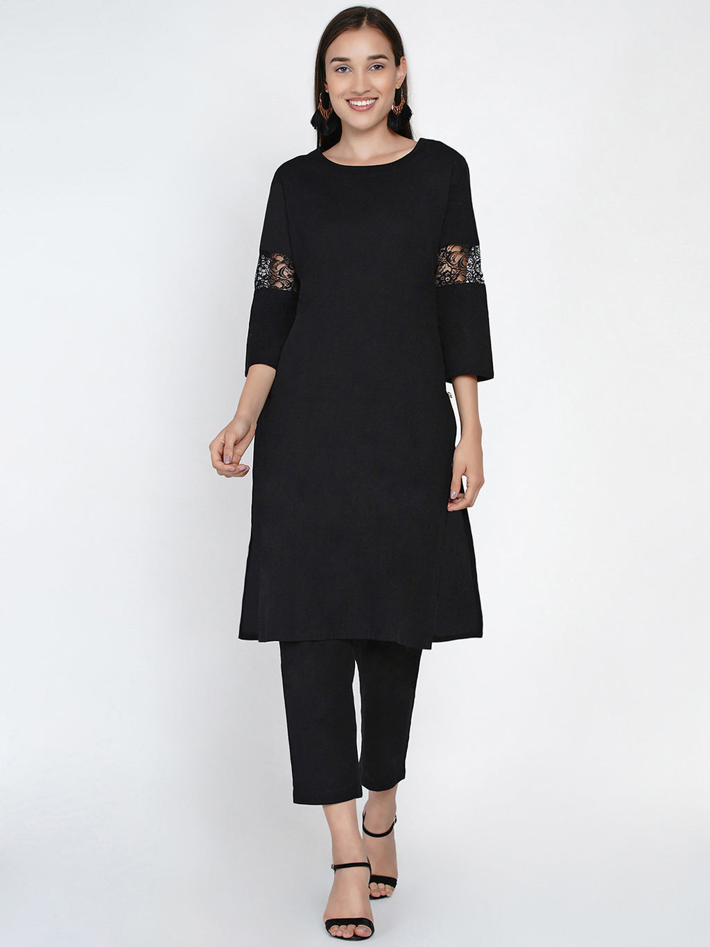 Black cotton flex with lace inserts at sleeve Straight kurta ONLY-Kurta-Fabnest