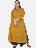 Curve 2 Pc Set Of Yellow Cotton Ajrakh Print A Line Kurta With Thread Work At Sleeve And Neck And Black Cotton Assymetric Palazzo Pant-Kurta Set-Fabnest