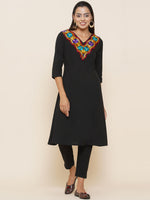 Black flex with V-neck embellished with aari embroidery lace kurta ONLY-Fabnest