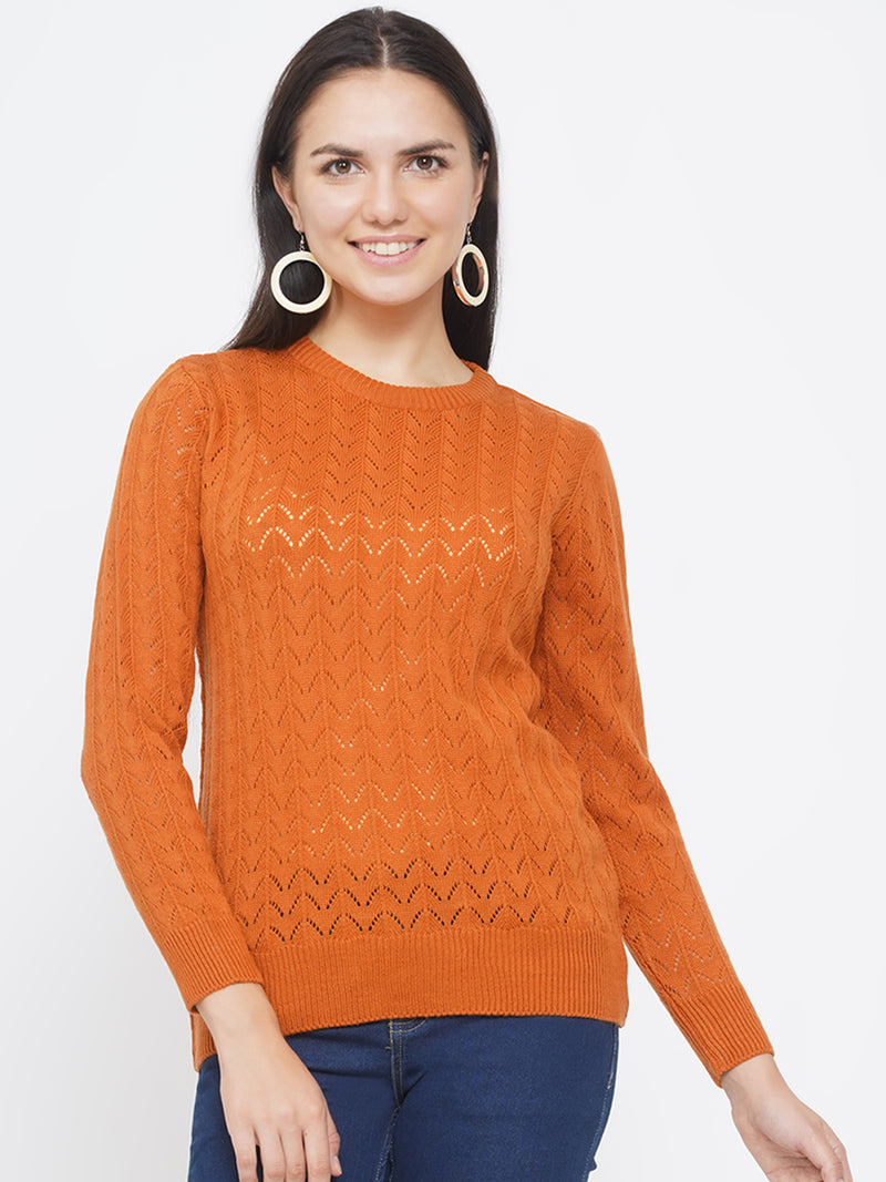 Women`s Acrylic Orange Self Design Winter Sweater-Pullover-Fabnest