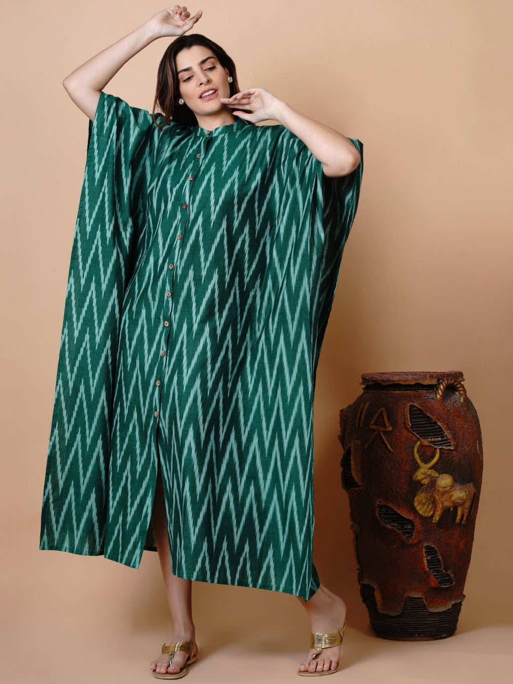 Handloom green cotton ikat button down kaftan-Kaftan-Fabnest