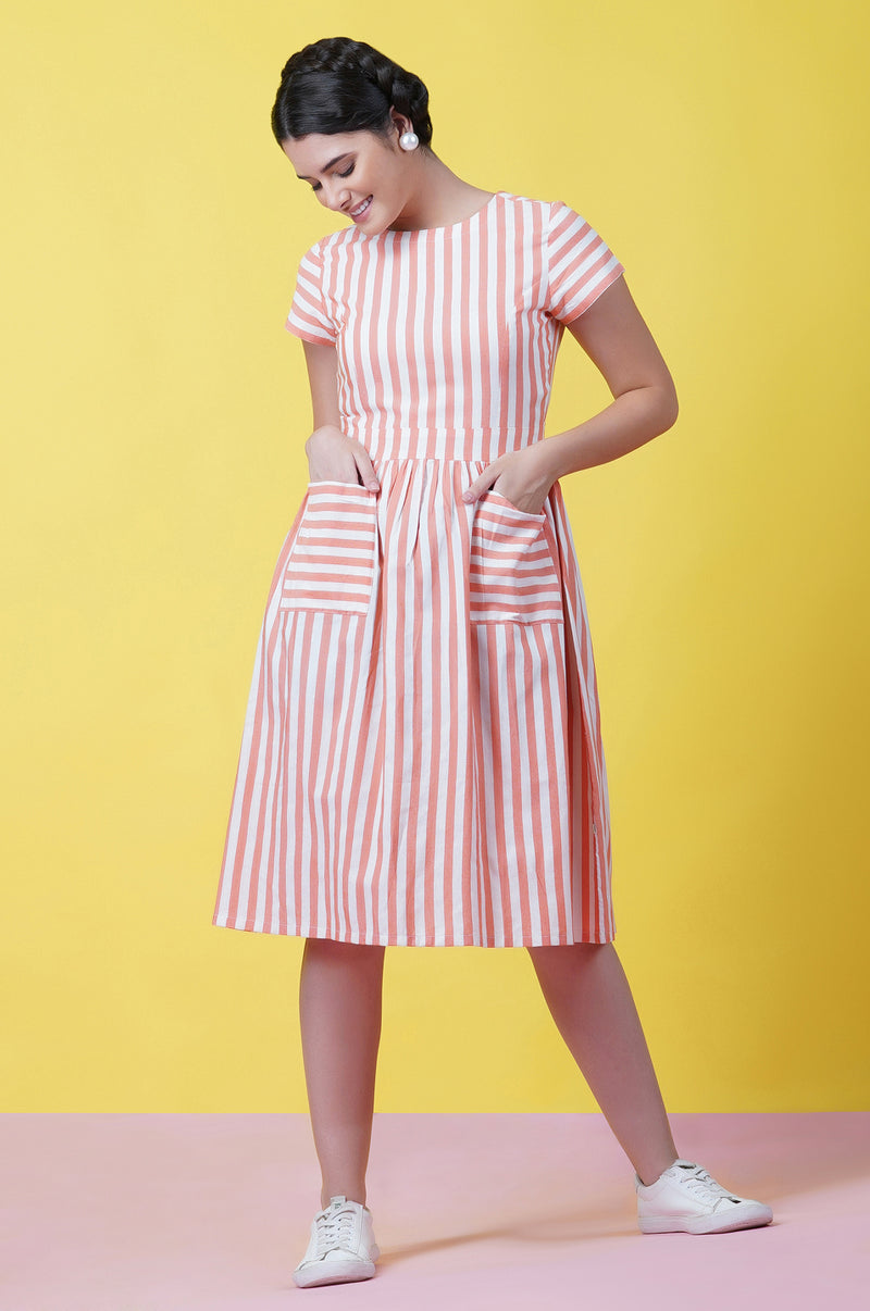 Orange White Stripe Cotton Calf Length Dress With Front Pockets-Dress-Fabnest