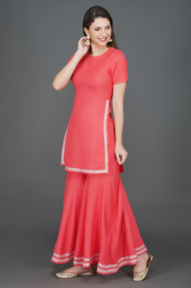 Pink kurta sharara set with lace embellishment-Kurta Set-Fabnest