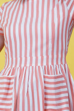 Orange White Stripe Cotton Calf Length Dress With Front Pockets-Dress-Fabnest