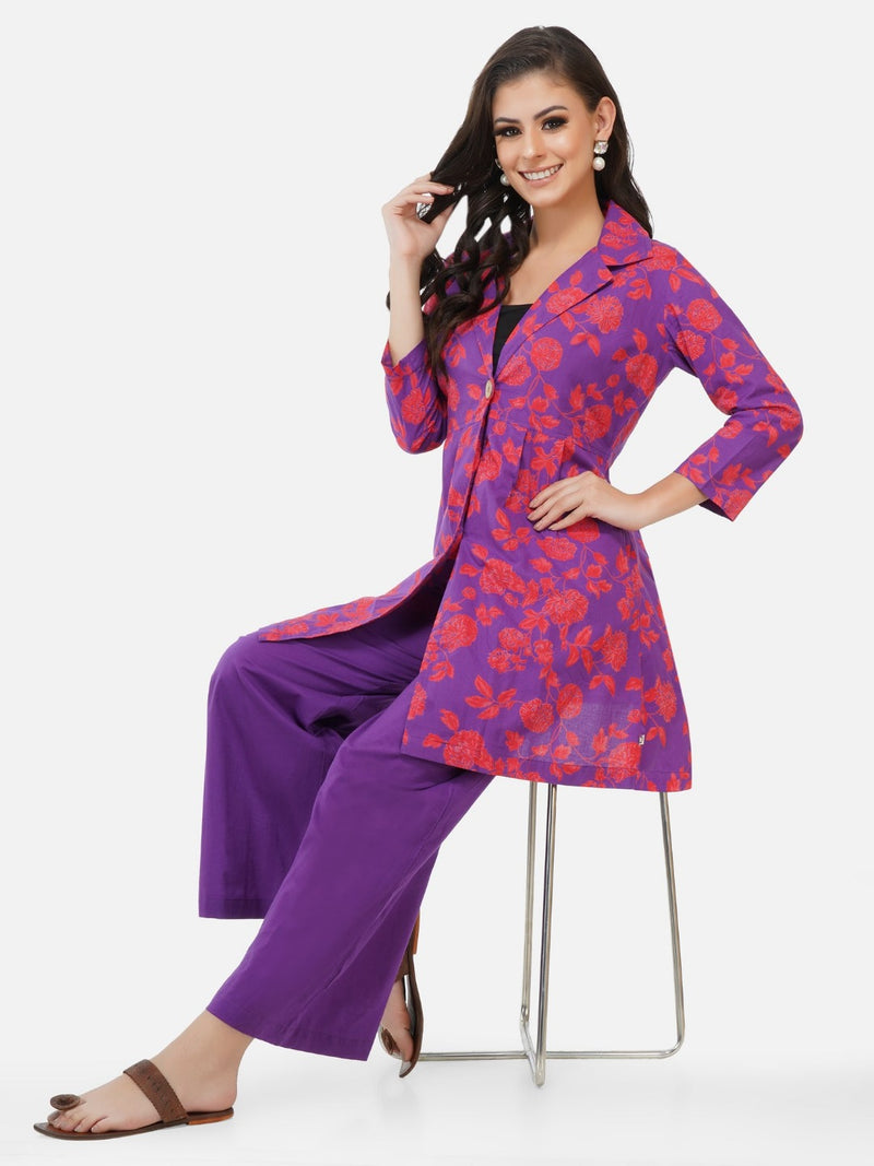 Cotton purple printed paired co-ord set-Co-ords-Fabnest