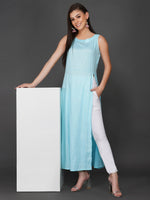 Sky blue cotton linen lurex sleeveless kurta with side slit-Kurta-Fabnest