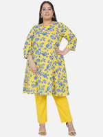 Curve Cotton Yellow Printed Aline Kurta With Side Kalis And Gota Inserts Paired With Yellow Cotton Solid Tapered Pants-Kurta Set-Fabnest