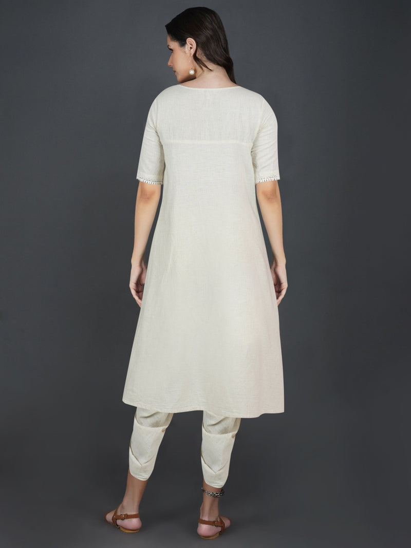 Set of off white cotton flex assymetric hem flared kurta with lace work and gathered dhoti pants-Kurta Set-Fabnest