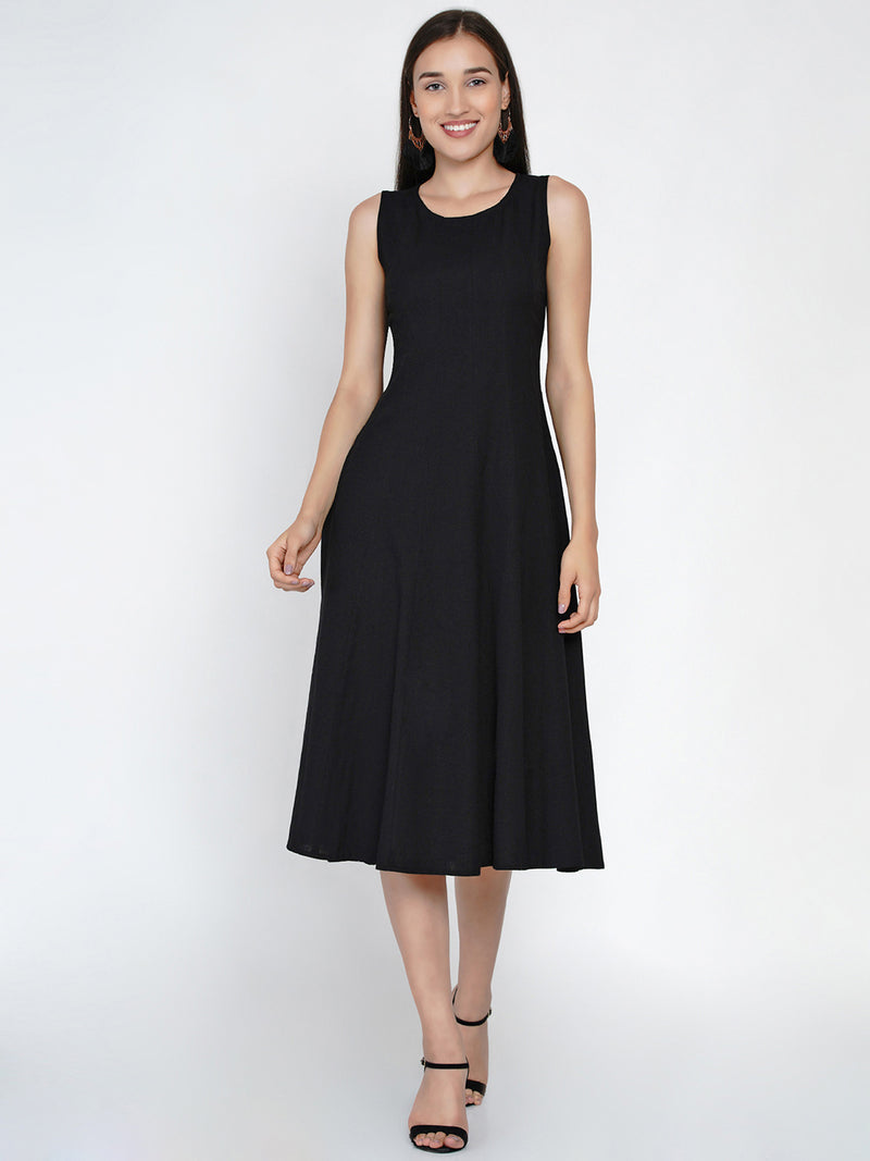 Black cotton flex multi paneled sleeveless dress-Dresses-Fabnest