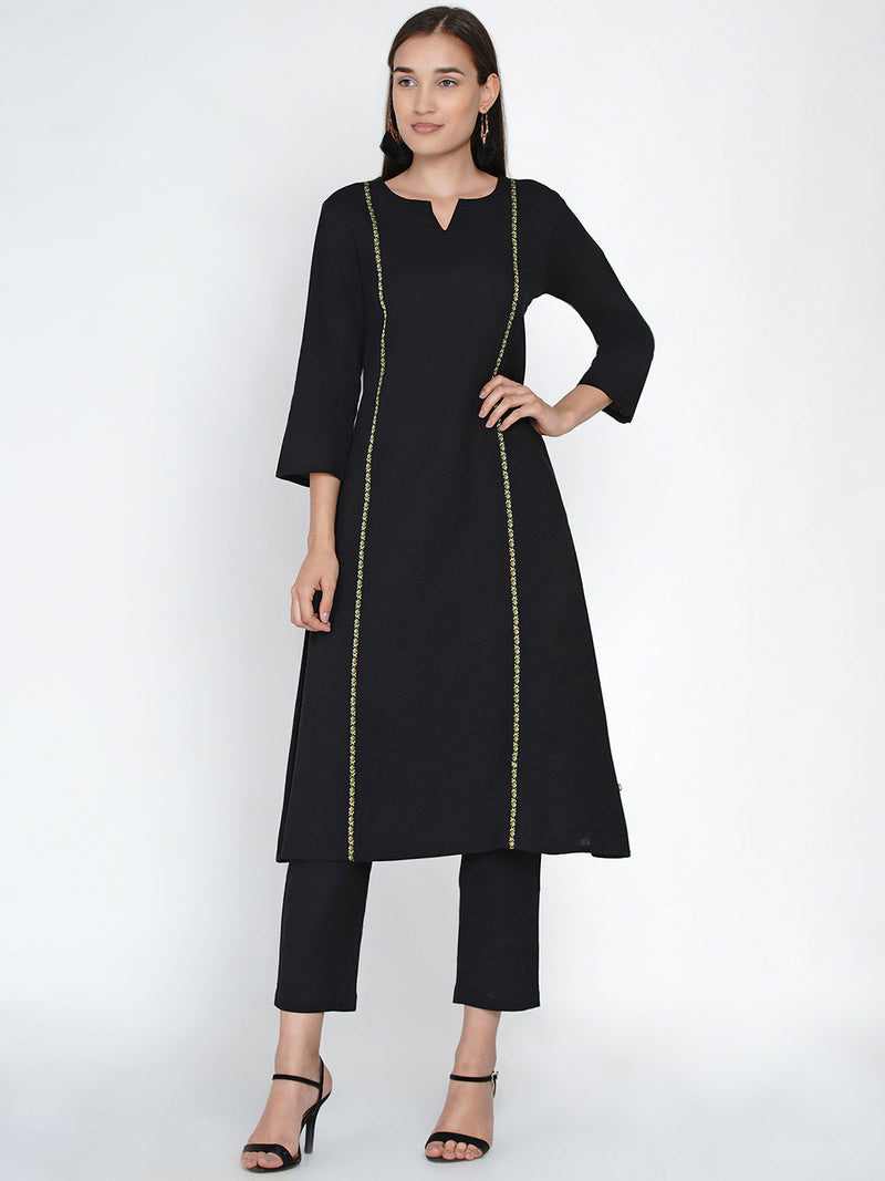 Black cotton princess seam kurta embellished with a jacquard lace and straight pants-Kurta Set-Fabnest