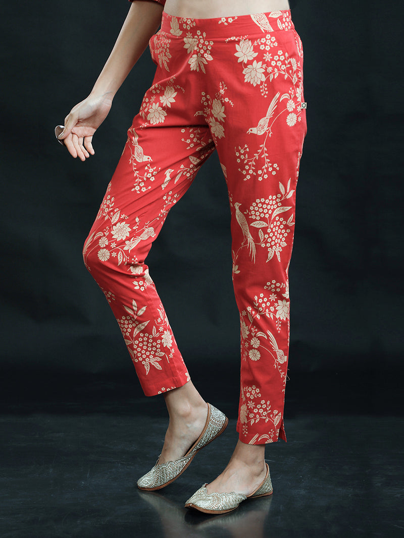 Red Discharge Bird Print Straight Pants Only-Pant-Fabnest