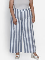 Curve Handloom cotton white and blue stripe loose fit pant-Bottoms-Fabnest
