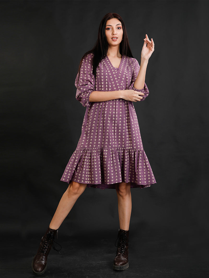 Purple Cotton Discharge Print V Necked Tiered Dress , Knee Length-Dress-Fabnest