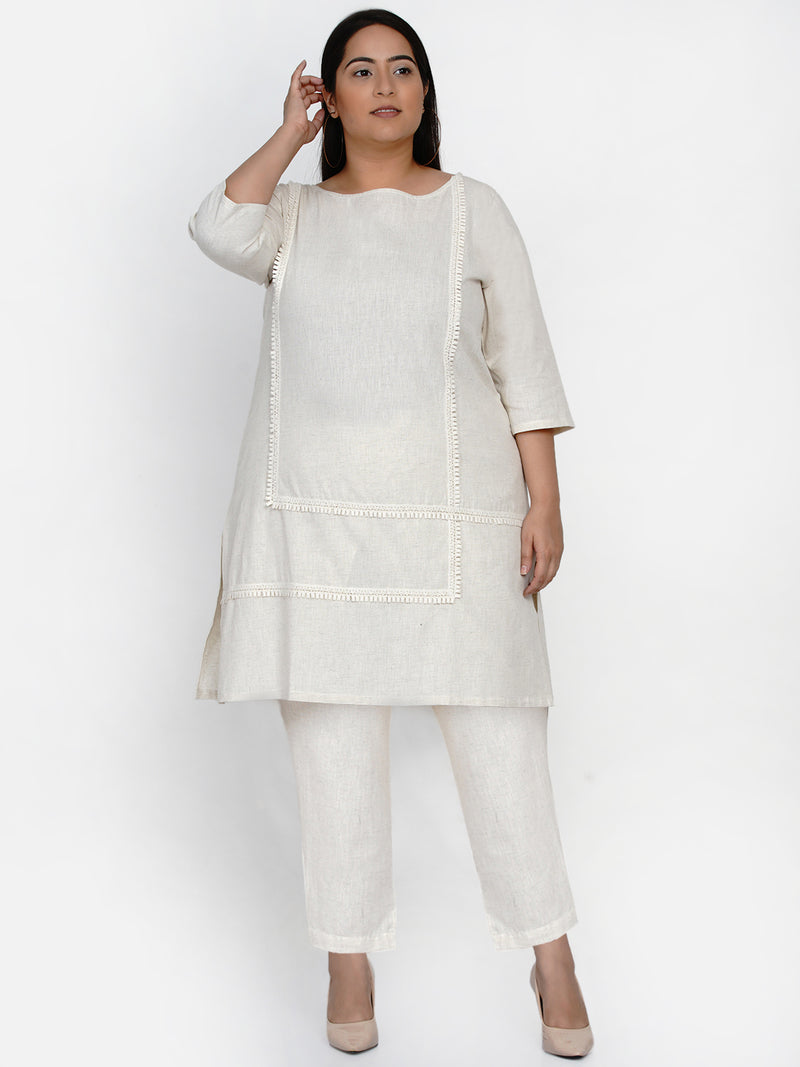 Curve set of off white cotton flex boat neck lace work kurta with co-ordinated flex pants-Kurta Set-Fabnest