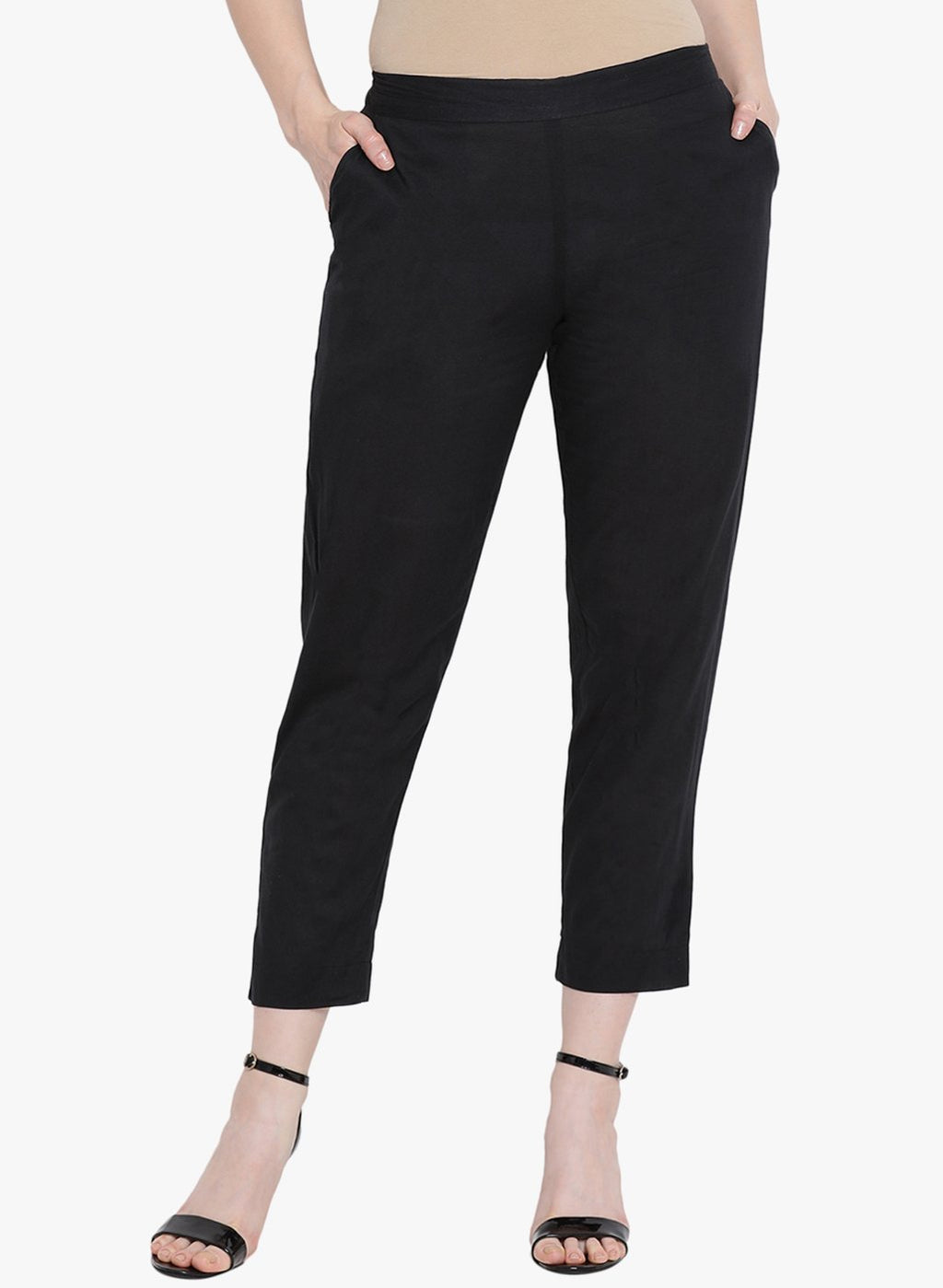 Solid black cotton straight pants-Bottoms-Fabnest