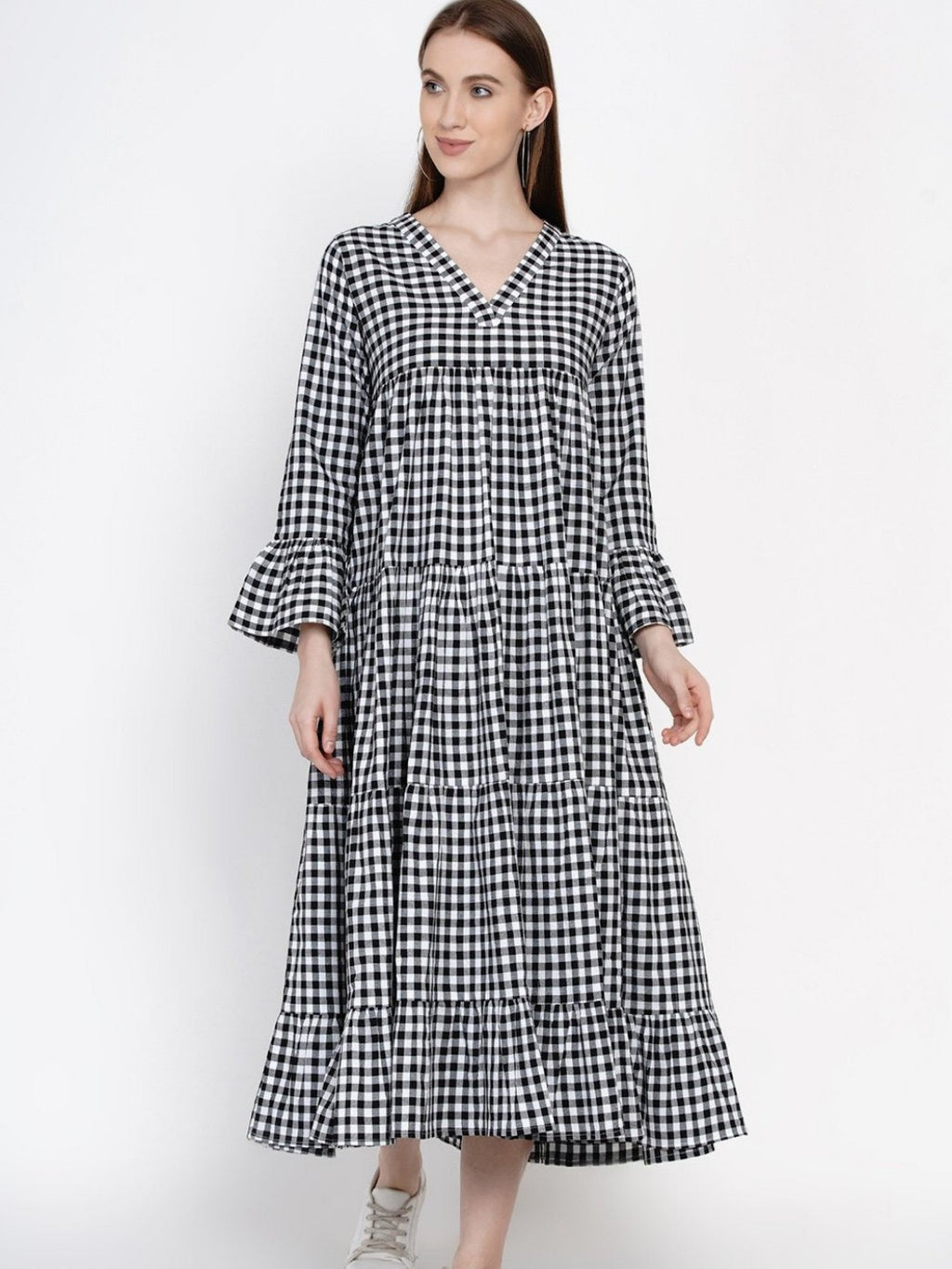 Handloom cotton tiered black and white gingham check dress-Dresses-Fabnest
