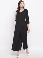 Cotton flex black jumpsuit with an overlap panel-Jumpsuit-Fabnest