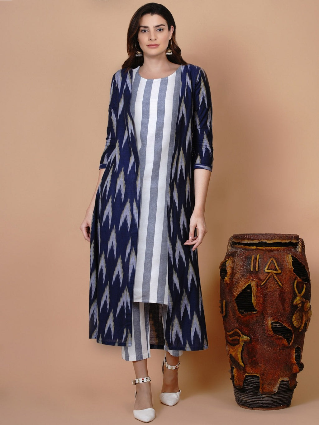 Blue cotton ikat cape and striped sleeveless kurta and tapered pant set-Kurta Set-Fabnest