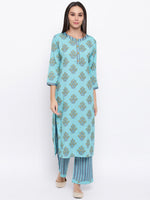 Rayon light blue printed pant and kurta set with round neck and wooden buttons with stripe pants.-Kurta Set-Fabnest