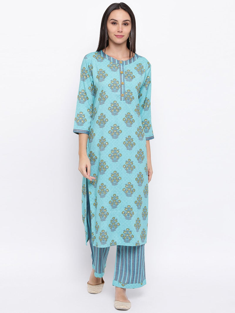 Rayon light blue printed pant and kurta set with round neck and wooden buttons with stripe pants.-Kurta Set-Fabnest