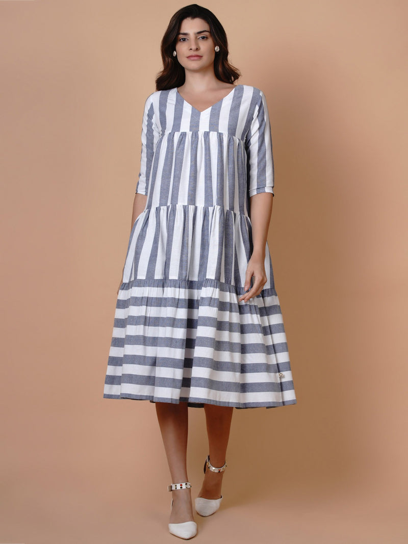 Fabnest White and blue stripe v neck tiered dress-Dresses-Fabnest