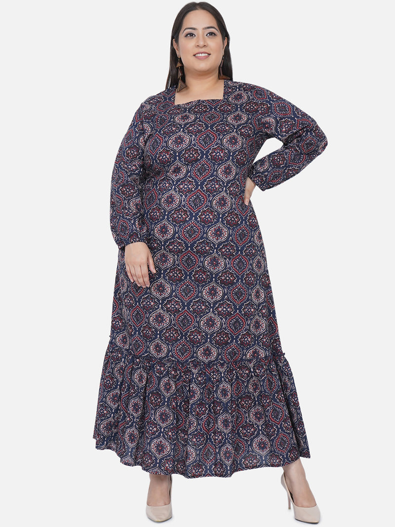 Curve Cotton Navy Ajrakh Print Long Dress With Tiered Bottom-Dress-Fabnest