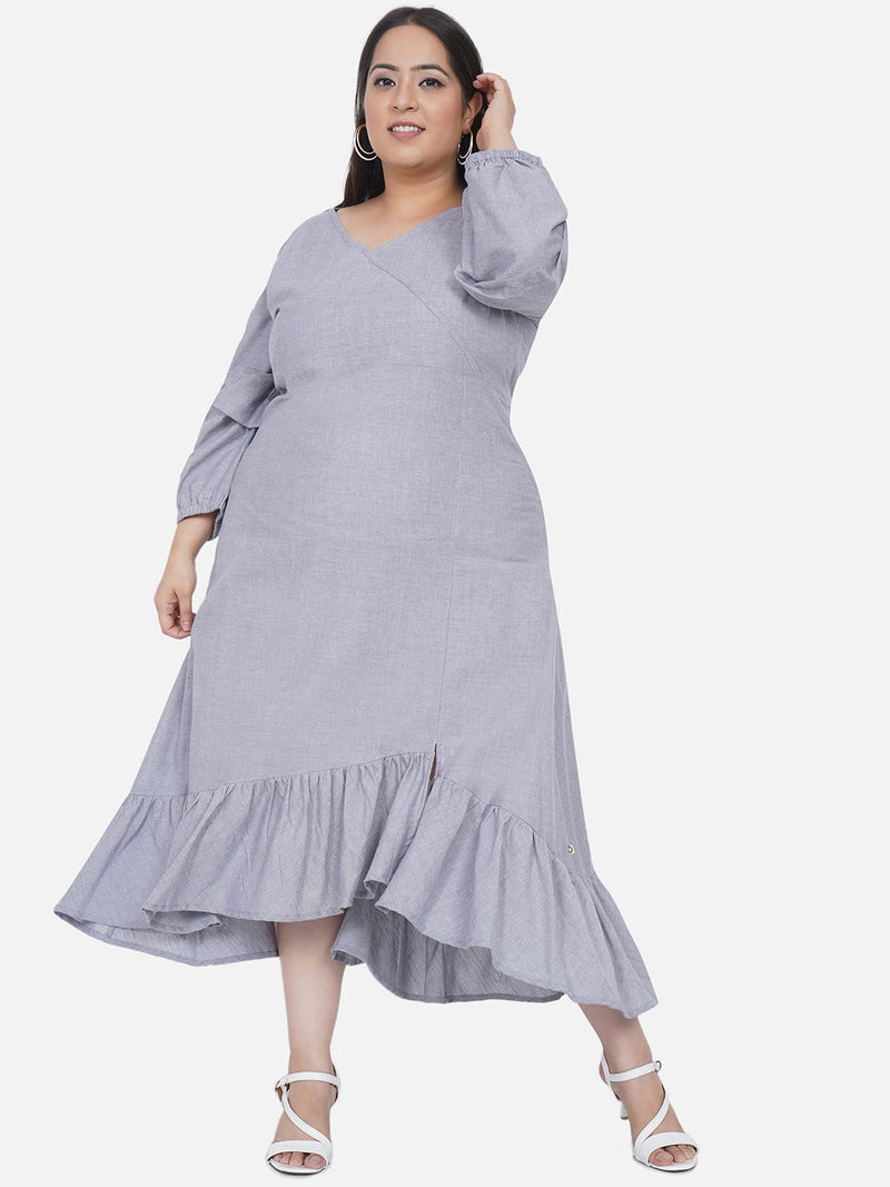 Curve Chambray Side Tie Up Asymmetrical Dress With Pinched Sleeves-Dress-Fabnest