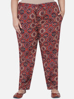 Curve Cotton Red Ajrakh Print Pants With Pleated Bottom-Pant-Fabnest