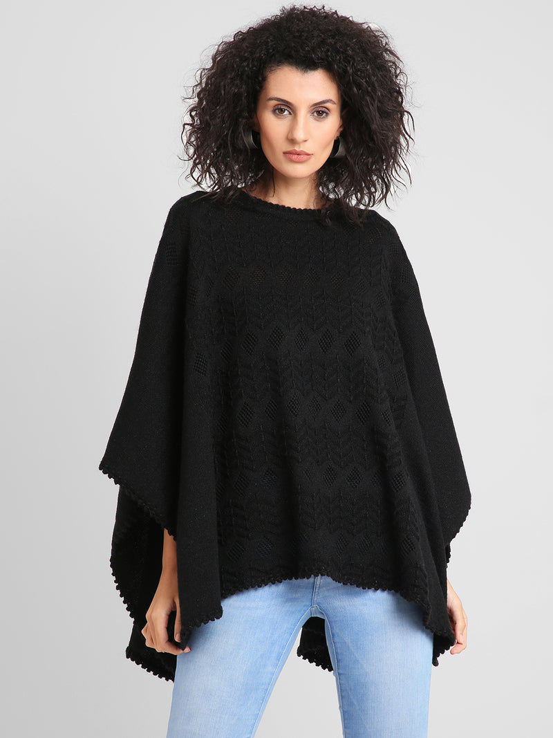 Fabnest Winter Acrylic Black Self Design Knitted Poncho-Poncho-Fabnest
