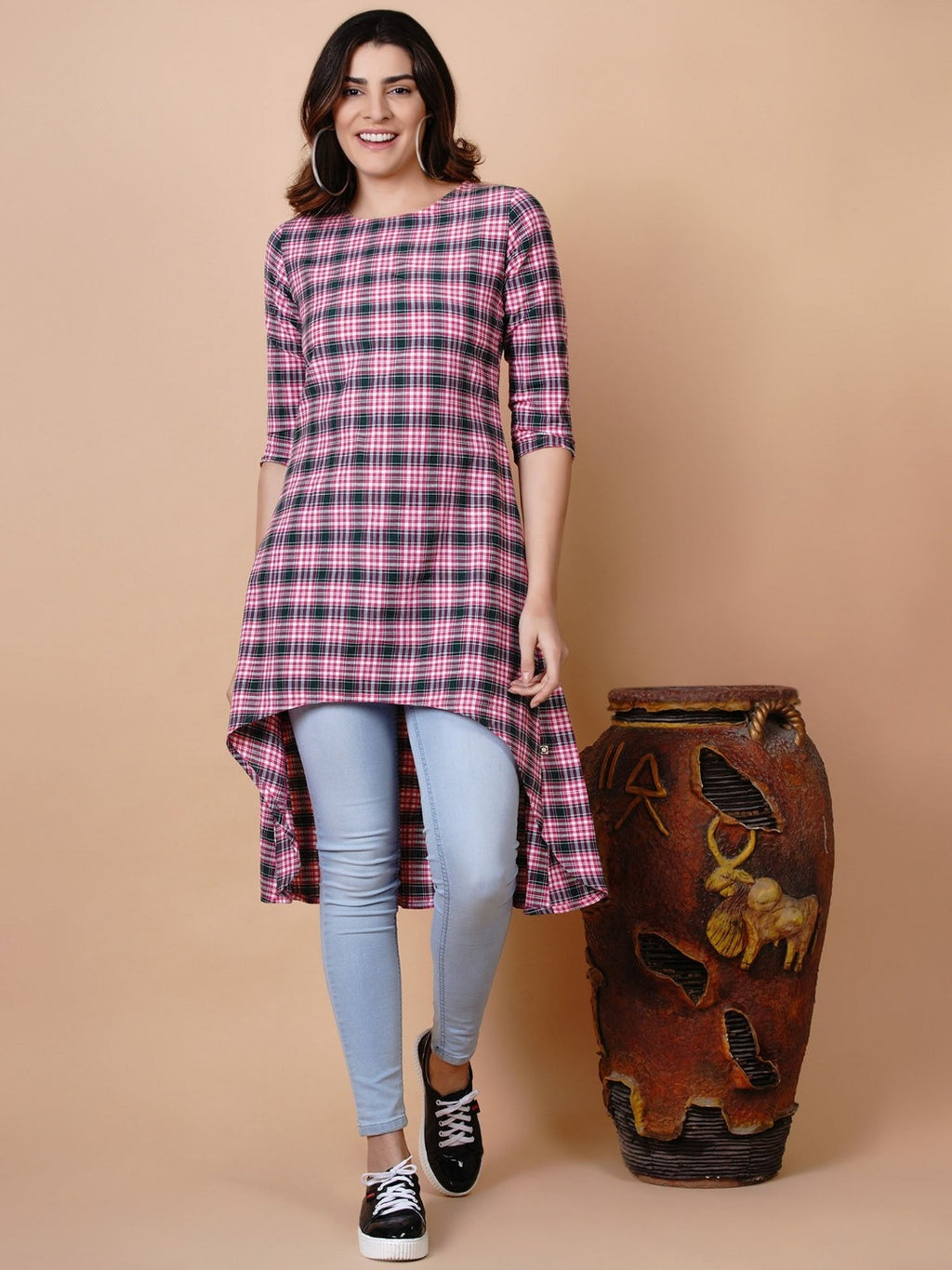 Pink green multi check high low tunic-Tunic-Fabnest