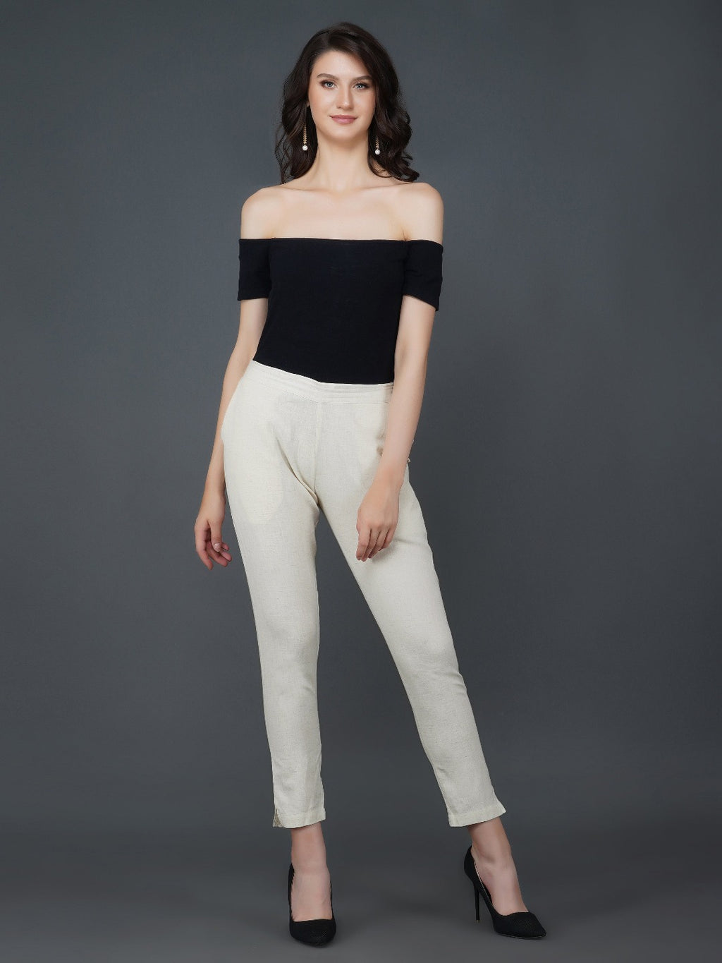 Off white cotton flex basic pant with pockets-Bottoms-Fabnest