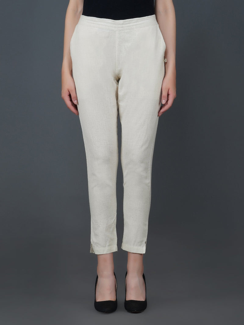 Off white cotton flex basic pant with pockets-Bottoms-Fabnest