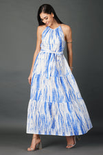 Womens Blue Shibori Print Tiered Dress-Dress-Fabnest