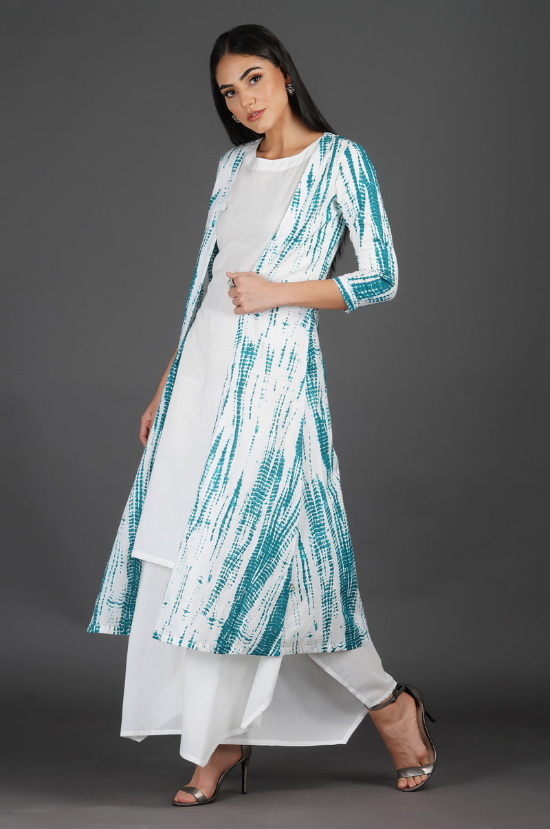 Womens White Solid Kurta And Asymmetric Pant Full Set With Dark Turquoise Shibori Print Cape-Full Sets-Fabnest