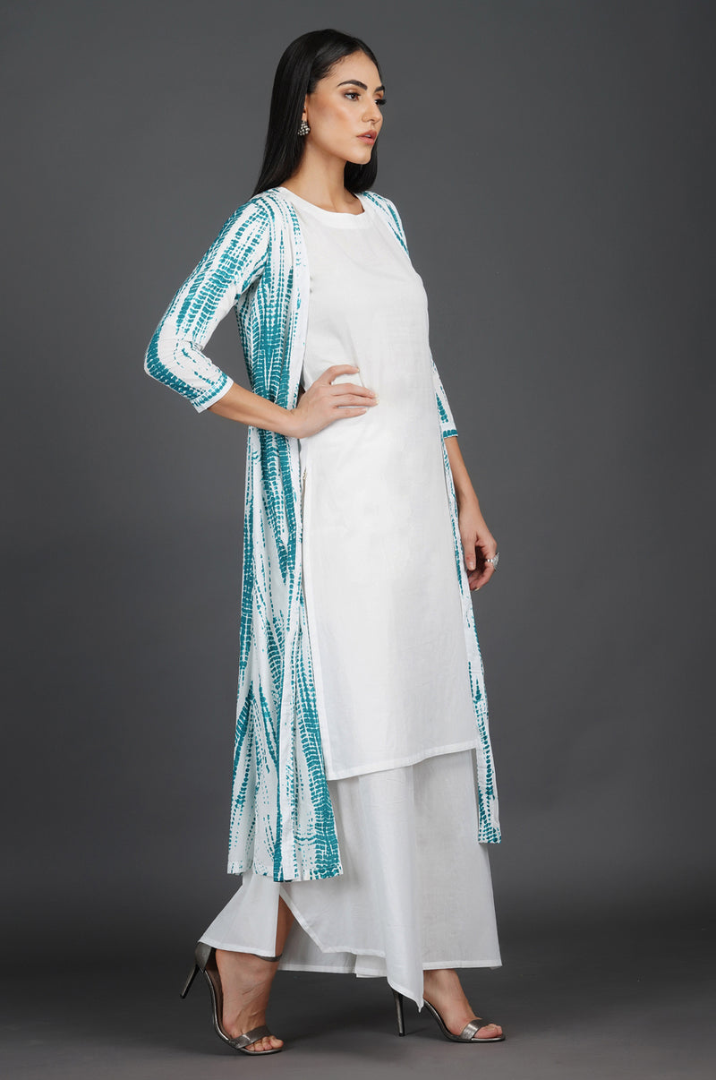 Womens White Solid Kurta And Asymmetric Pant Full Set With Dark Turquoise Shibori Print Cape-Full Sets-Fabnest