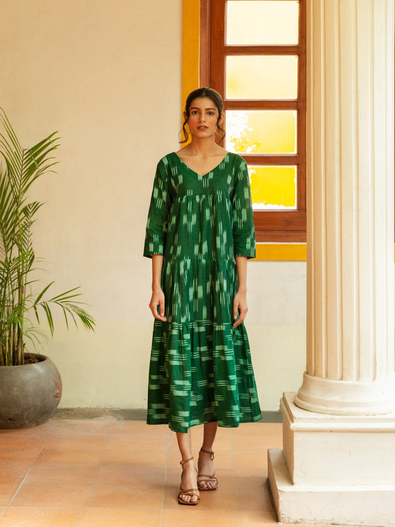 Handloom cotton ikat green tiered dress-Dresses-Fabnest